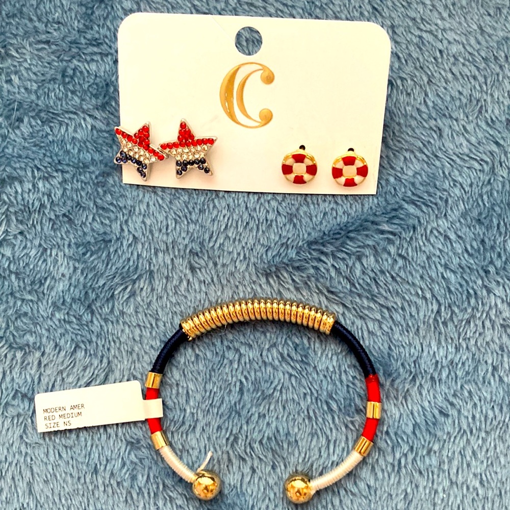 NWT- Charming Charlie hypoallergenic, patriotic earrings, bangle bracelet